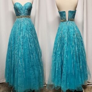 Sherri Hill Cinderella Blue Sequin Coated Strapless Floral Lace Ball Gown Prom 0